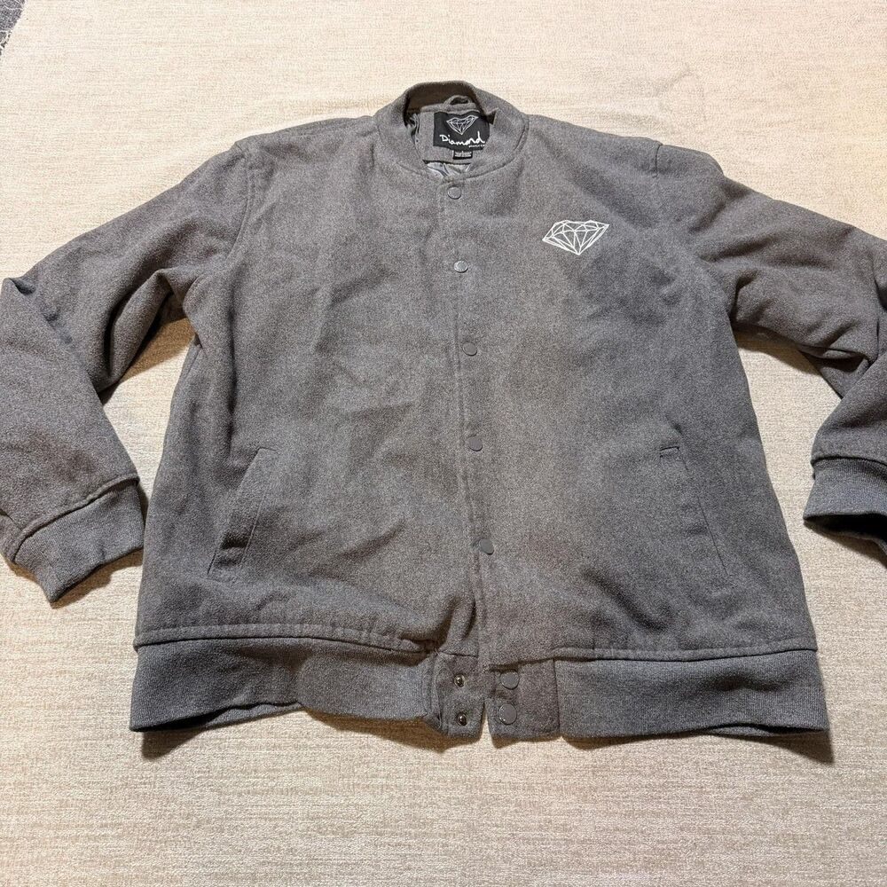 Diamond Supply Co. Jacket Mens Large Gray Fleece Varsity Snap Button Lined